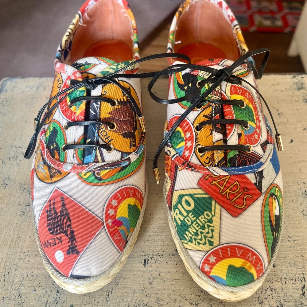 Charlotte Olympia Maria Floral-Print Lace-Up Flat Espadrille in Postcard - Size